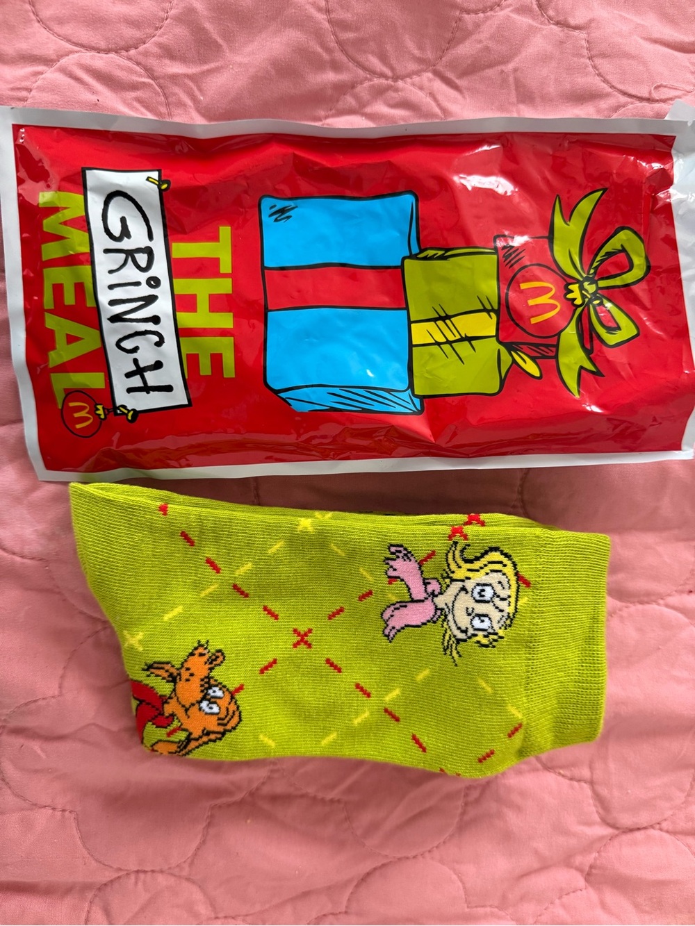 McDonald's Lime Green Grinch Character Crew Socks with Pink & Red Accents